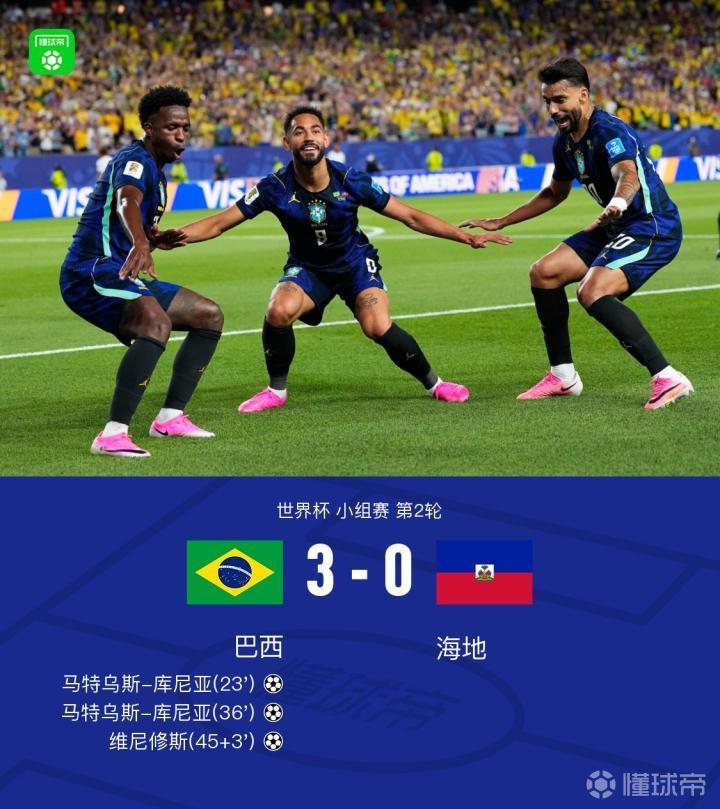 巴西3-0战胜海地,库尼亚双响,维尼修斯助攻,拉菲尼亚受伤退场